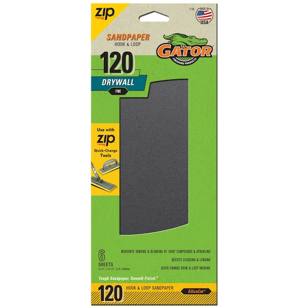Gator Finishing Zip SilicaCut Drywall Hook and Loop Sandpaper Sheets, 120 Fine Grit 7158 - main
